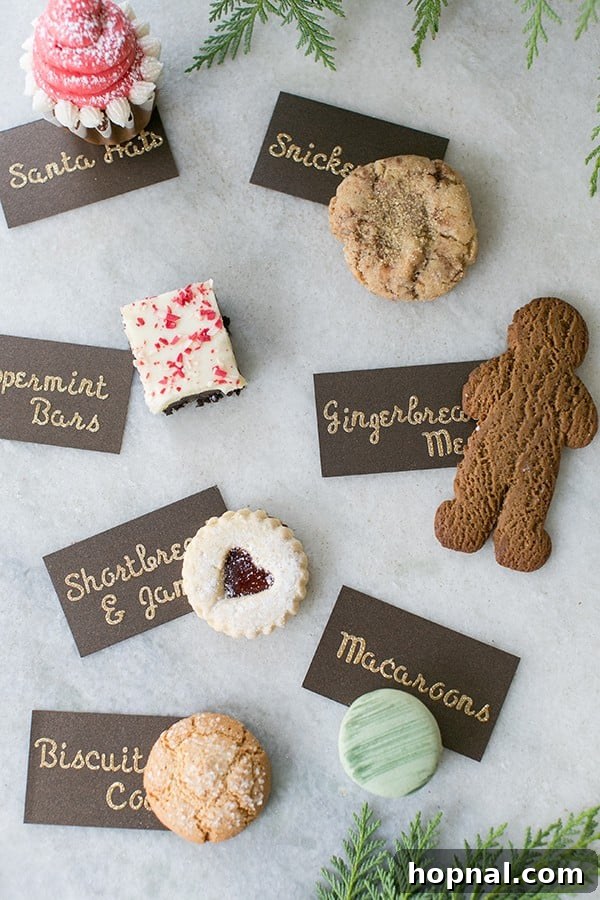 Assorted delicious cookies displayed with elegant labels identifying each type, arranged on a festive table at a cookie exchange party.