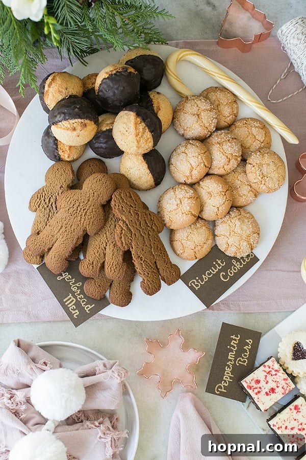 A beautifully decorated plate filled with various festive Christmas cookies, featuring different shapes and frostings, set on a party table.