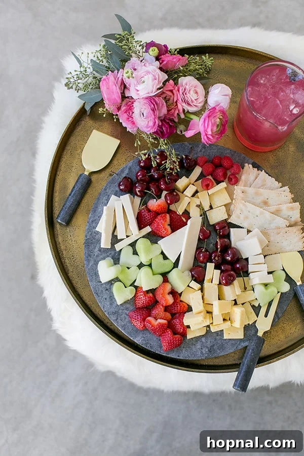 An elegantly arranged cheese plate featuring heart-shaped fruit and cheese slices, presented on a pristine marble board, perfect for a Valentine's Day or Galentine's Day party.