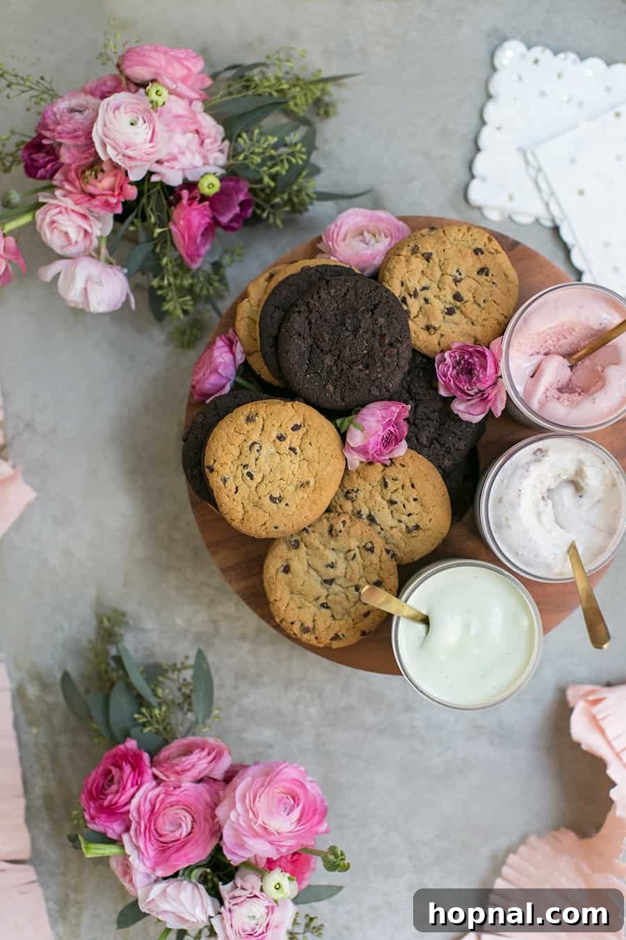 A tantalizing platter of assorted cookies and ice cream, artfully arranged for a delightful Valentine's Day party dessert spread.