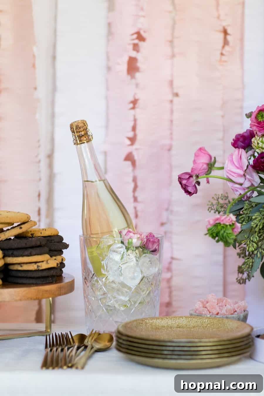 A festive Valentine's Day bar, complete with a bottle of champagne chilling in an elegant ice bucket, setting a celebratory mood for guests.
