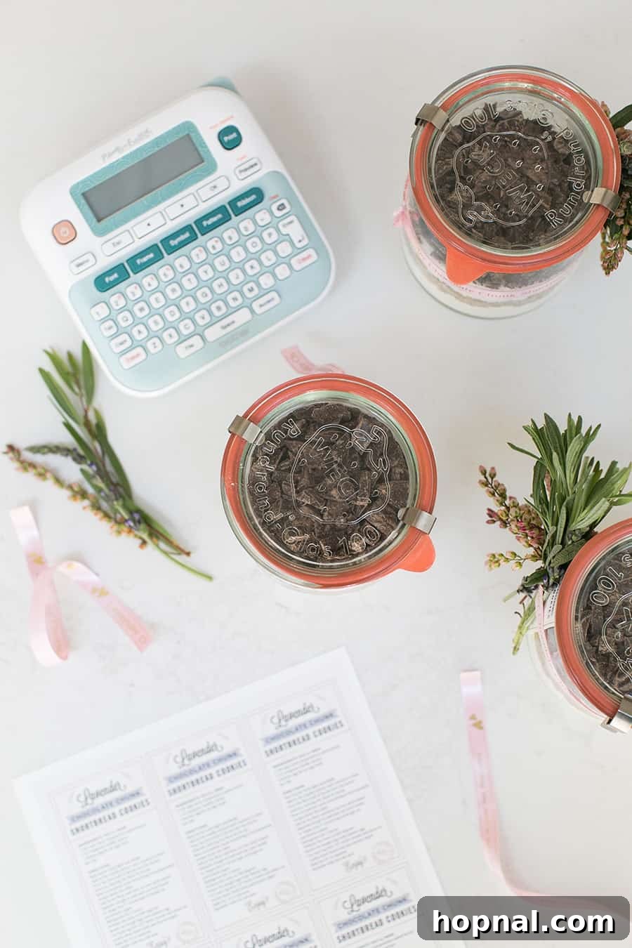 Overhead shot of a beautifully prepared cookie mix in a jar next to freshly baked cookies and a decorative ribbon.