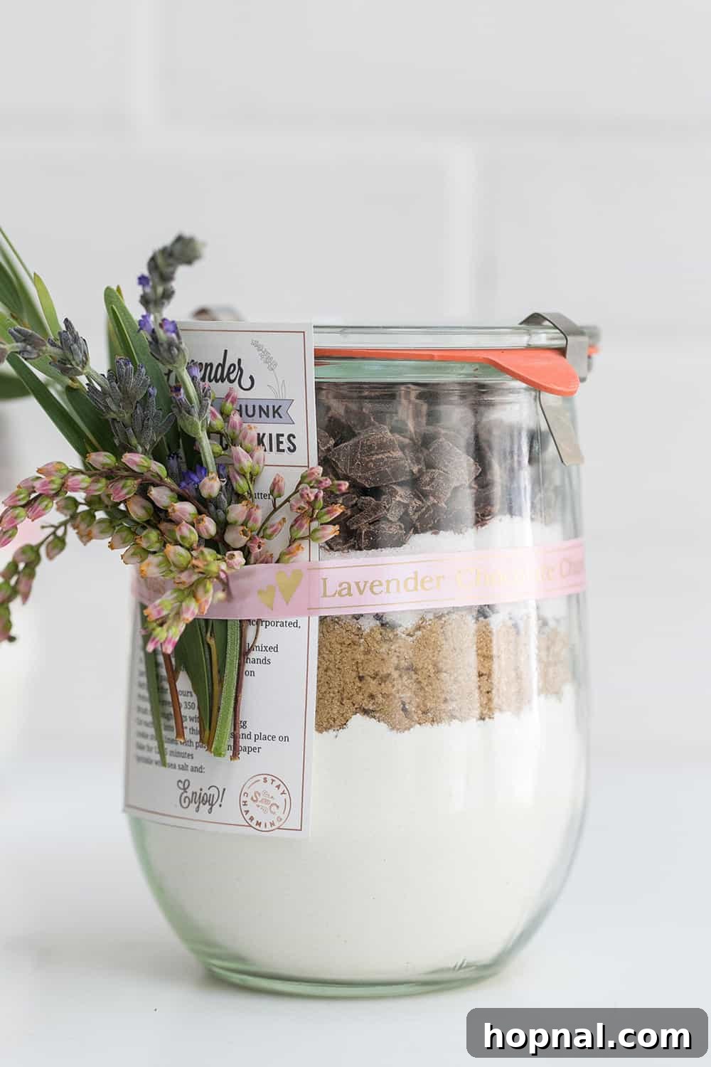 Detailed close-up of the layered cookie mix in a jar, highlighting the different ingredients.