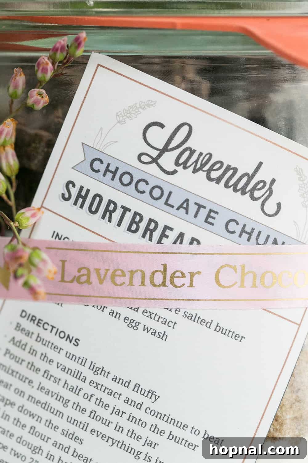 Close-up of a printed label for the cookie mix in a jar, detailing baking instructions.