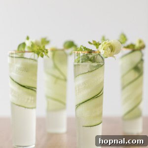 Cucumber + Kiwi Gimlet Recipe, a refreshing cocktail with gin, fresh cucumber, lime juice, and homemade kiwi simple syrup, perfect for spring.