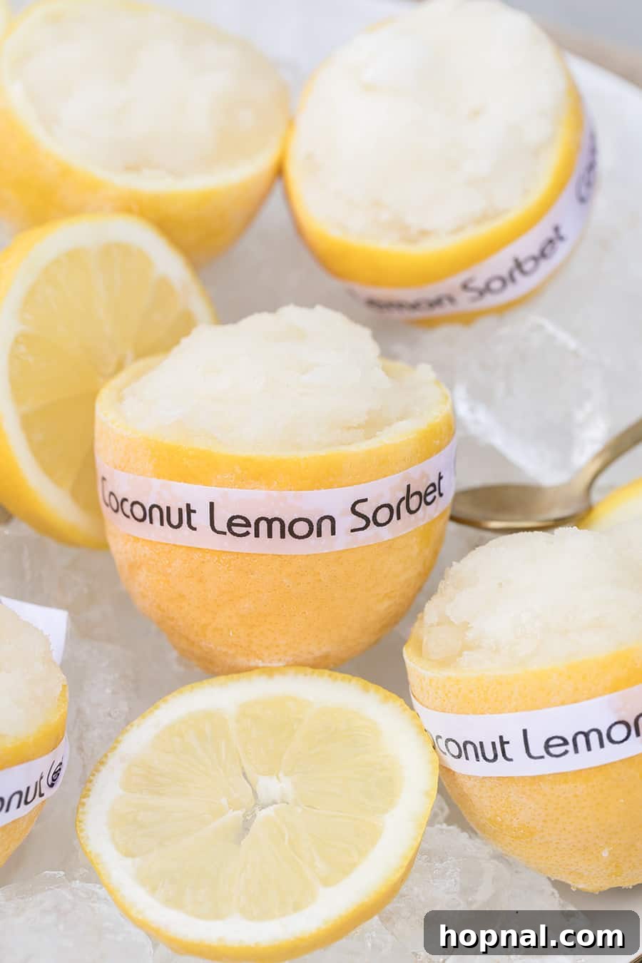 Scoops of homemade lemon sorbet elegantly presented within hollowed-out lemon halves, resting on a bed of ice for a refreshing display.
