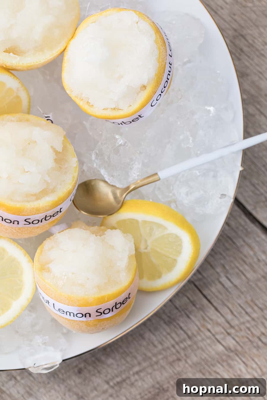 Close-up of a refreshing lemon sorbet served inside a natural lemon rind, showcasing the intricate detail and fresh presentation.