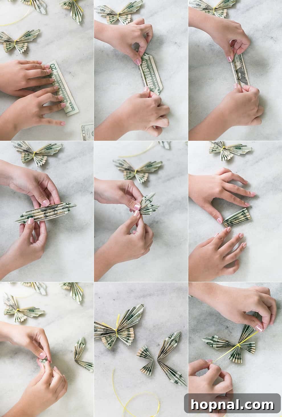 Collage showing steps for making money origami butterflies - dollar bills, money lei, butterfly money lei, butterfly money, dollar bill, graduation gift craft
