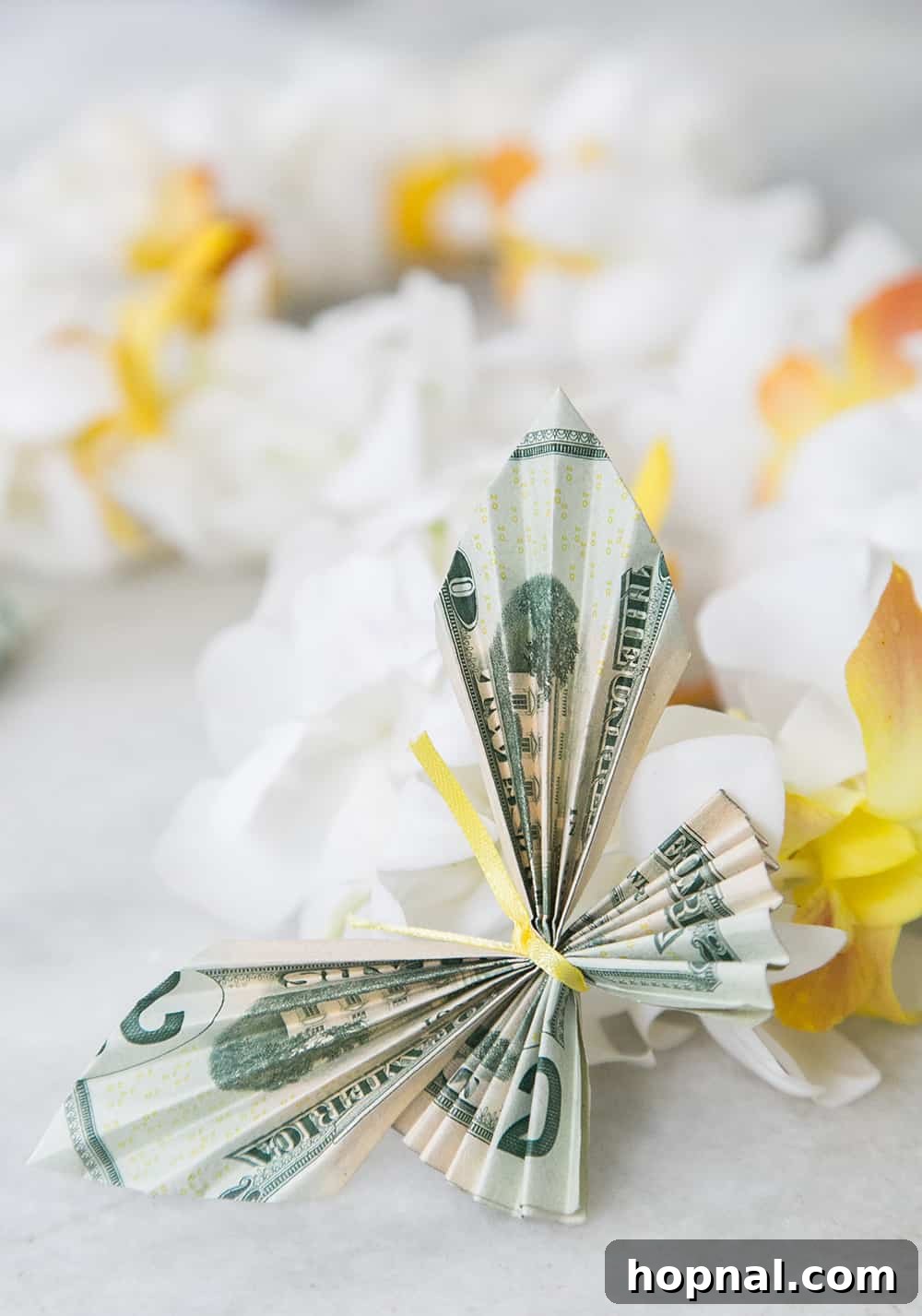 Money butterfly attached to a lei - money butterfly lei, money lei, graduation money lei, butterfly money, dollar bill craft