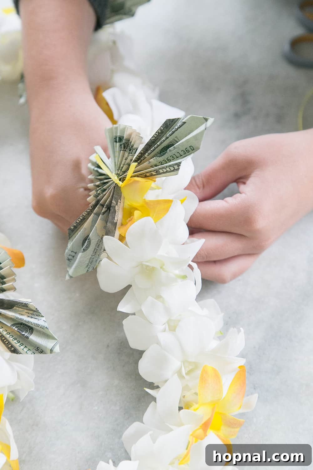 Hands putting a money butterfly on a lei - money butterfly lei, money lei, lei for graduation, butterfly money, dollar bill gift