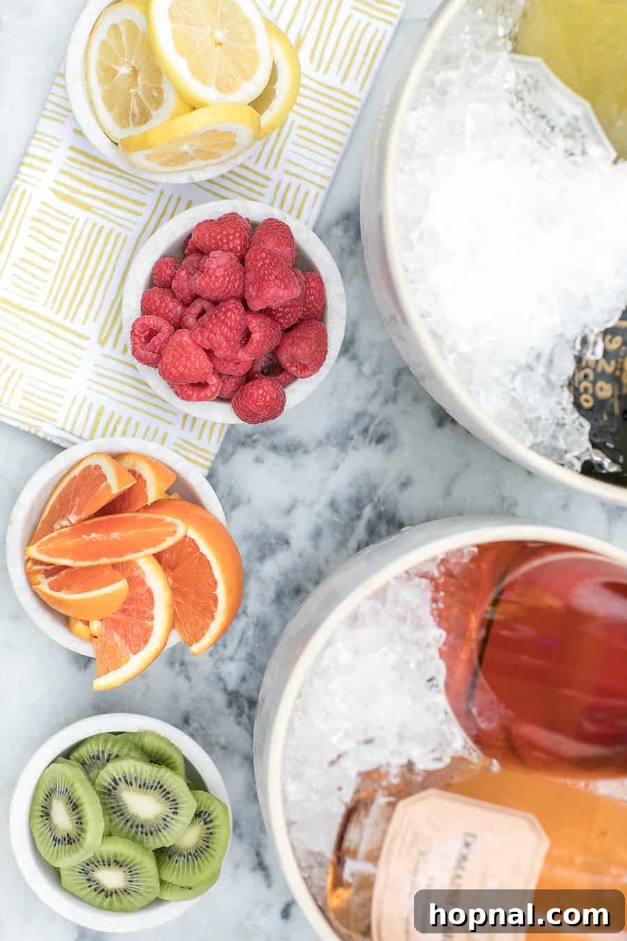 Fruit in bowls filled for a bubbly bar