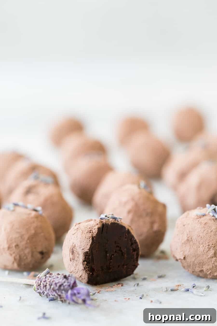 A close-up shot of homemade dark chocolate lavender truffles being rolled meticulously in a shallow dish of unsweetened cocoa powder, creating a classic finish.