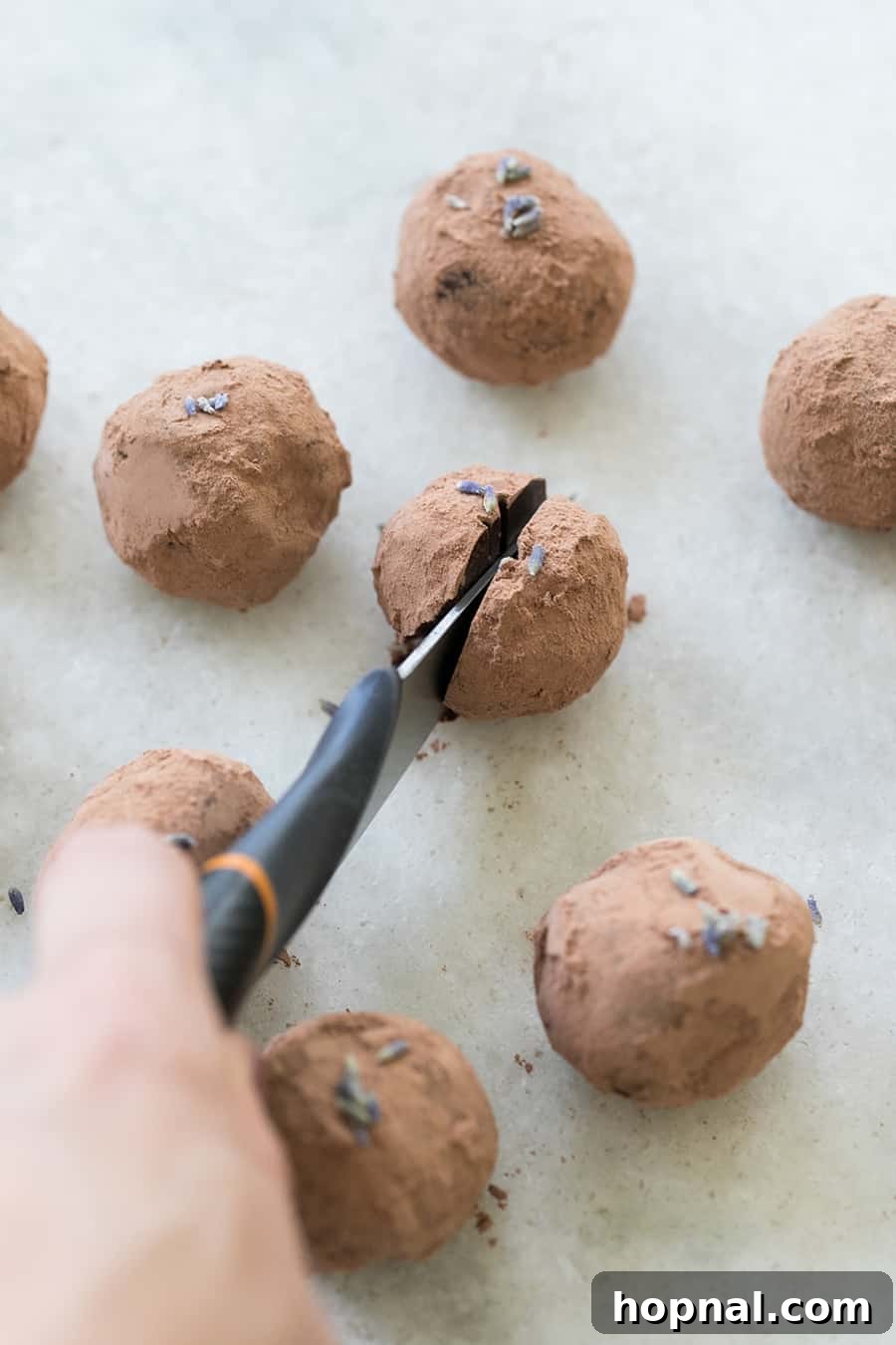 A beautifully arranged plate of perfectly formed dark chocolate lavender truffles, lightly dusted with cocoa powder, invitingly displayed for serving.