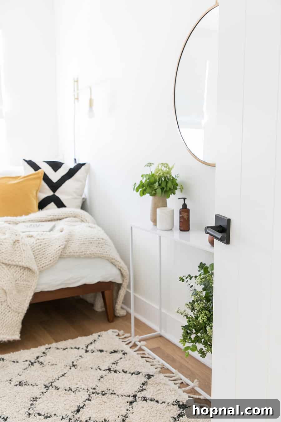 Designing a Welcoming Guest Room Oasis 4 Door open to a guest bedroom with a bed, mirror and pillows.