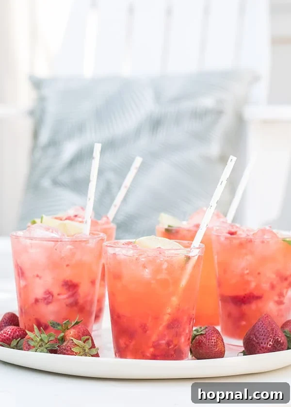 A tray of refreshing strawberry tequila sodas, ready to be served to guests.