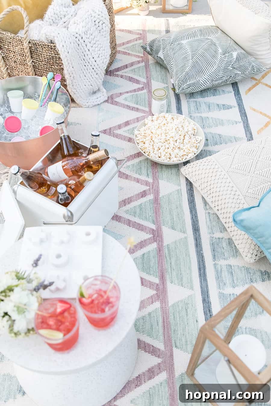 Lights, Camera, Backyard: Your Outdoor Movie Night Guide 4 An outdoor movie night setup featuring comfortable pillows and a bowl of popcorn, with a table adorned with cocktails and rosé bottles chilling in coolers.