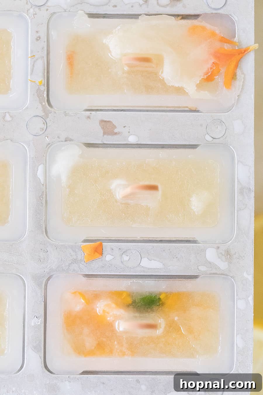 Overhead shot of honey lemonade popsicles in a mold, featuring colorful edible flowers before freezing.