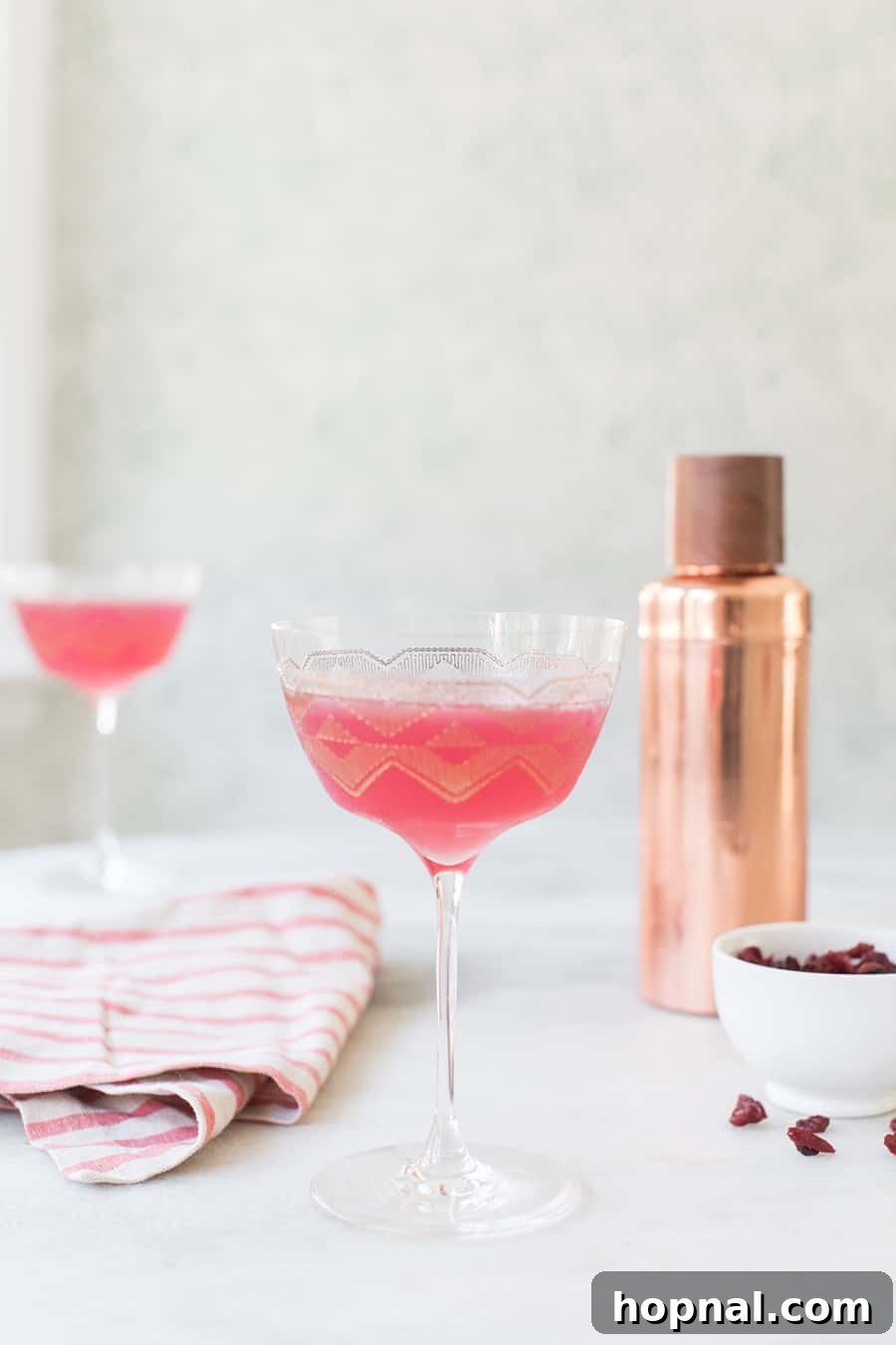 Pink drink in a coupe glass, garnished with fresh cranberries, highlighting its vibrant color and festive appeal.