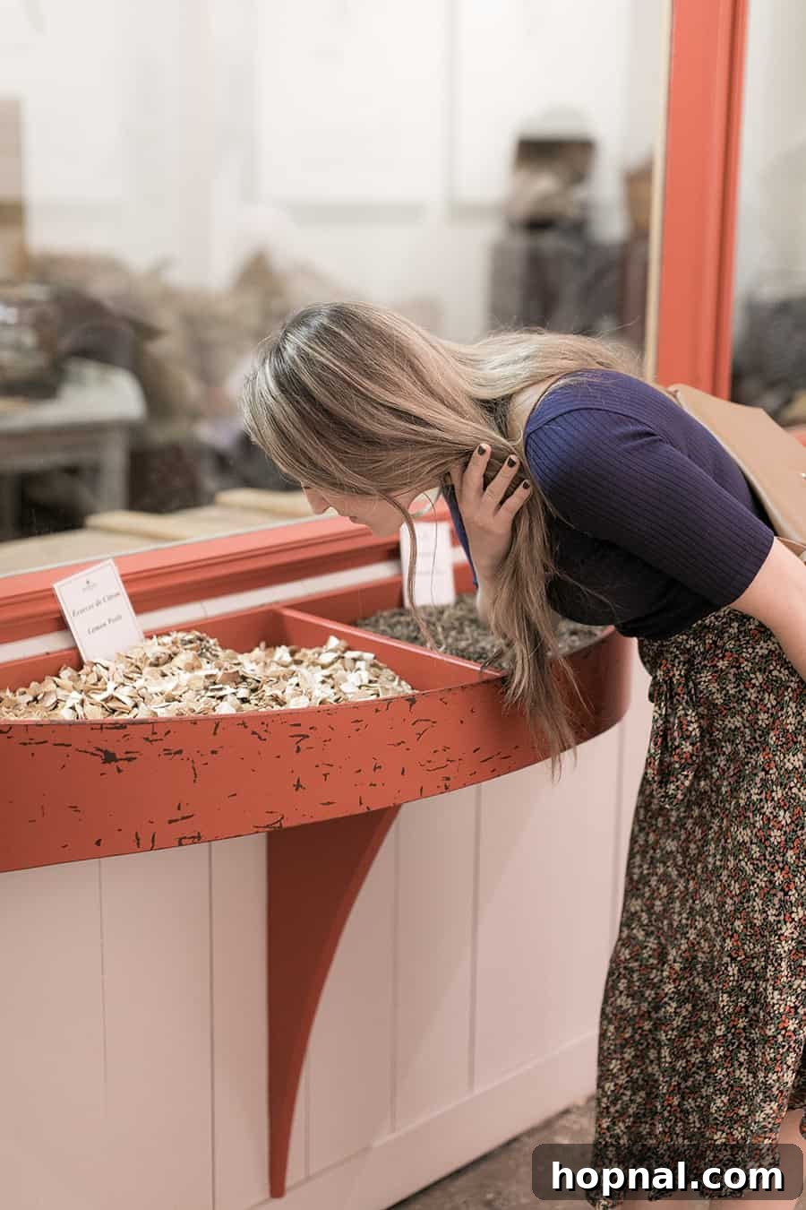 Visitor smelling various herbs used in Bénédictine liqueur at Palais Bénédictine