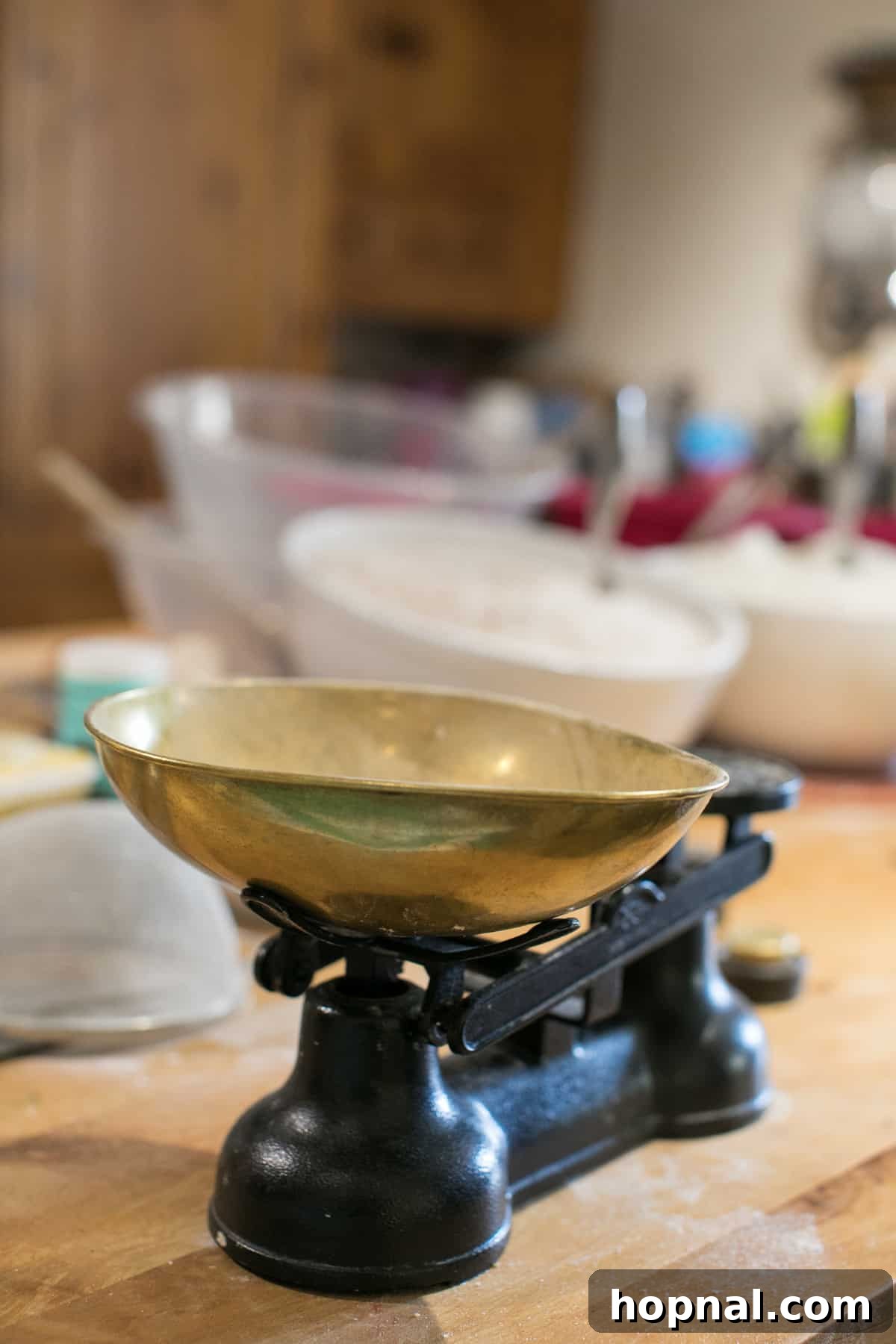 Master the Art of Irish Soda Bread 6 A beautiful antique gold scale sitting on a wooden counter in a Northern Irish kitchen, evoking traditional baking methods.