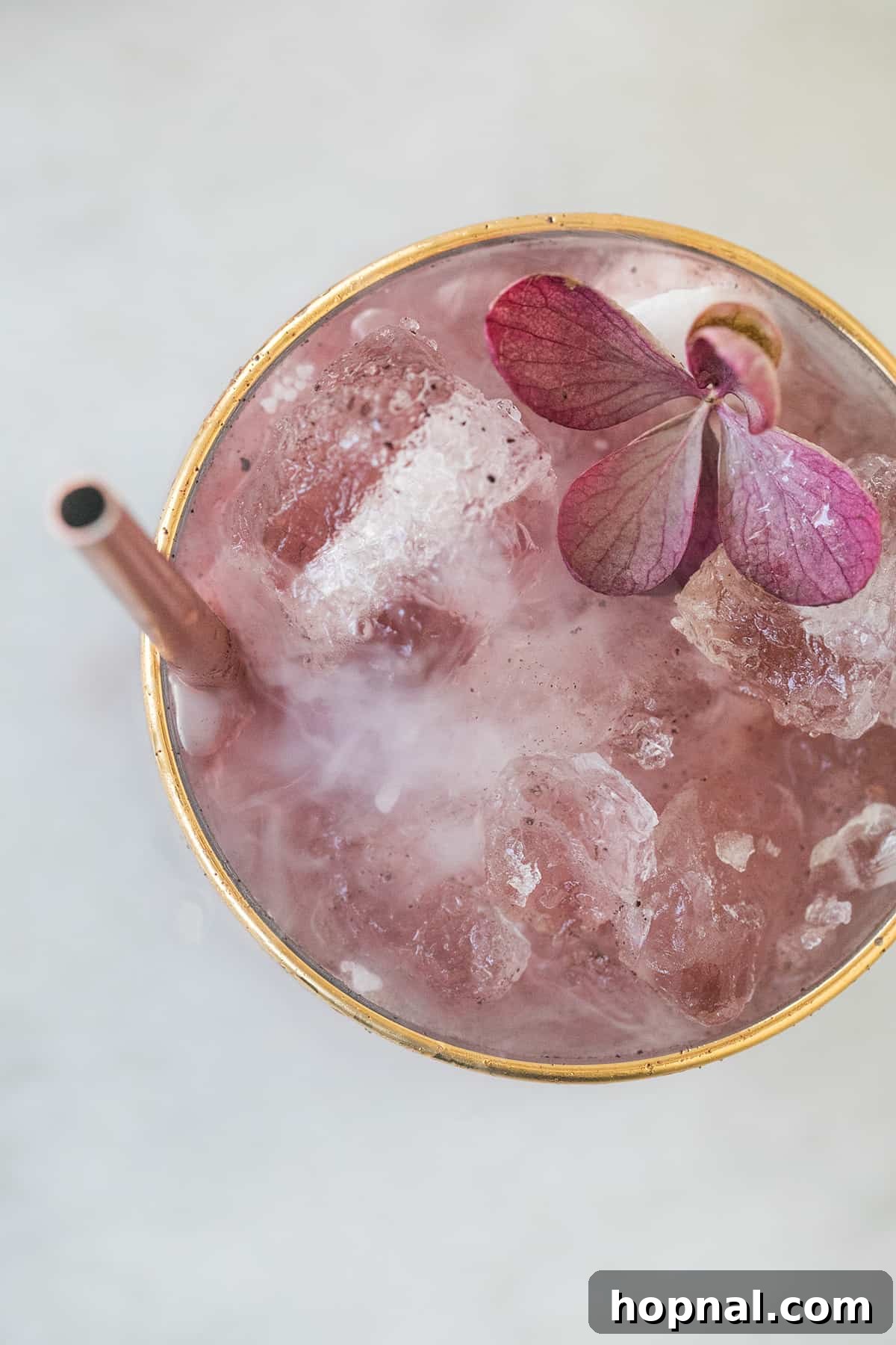 Witches Brew Gin Tonic 4 Purple gin and tonic served with acai berries and a decorative flower.