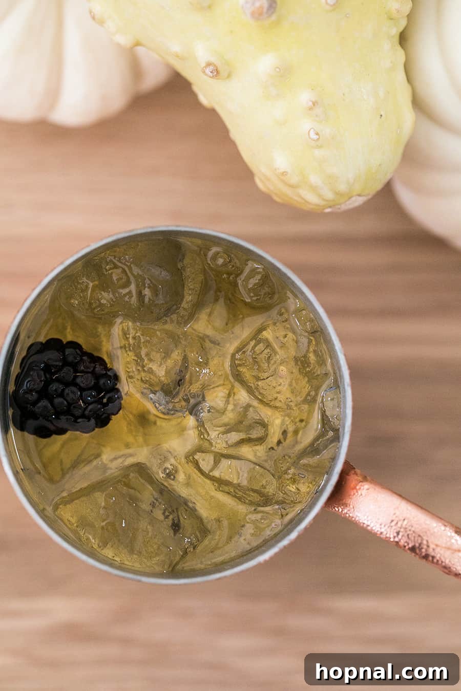 A refreshing cocktail served in a classic copper mug, garnished with a single blackberry for a subtle Halloween touch.
