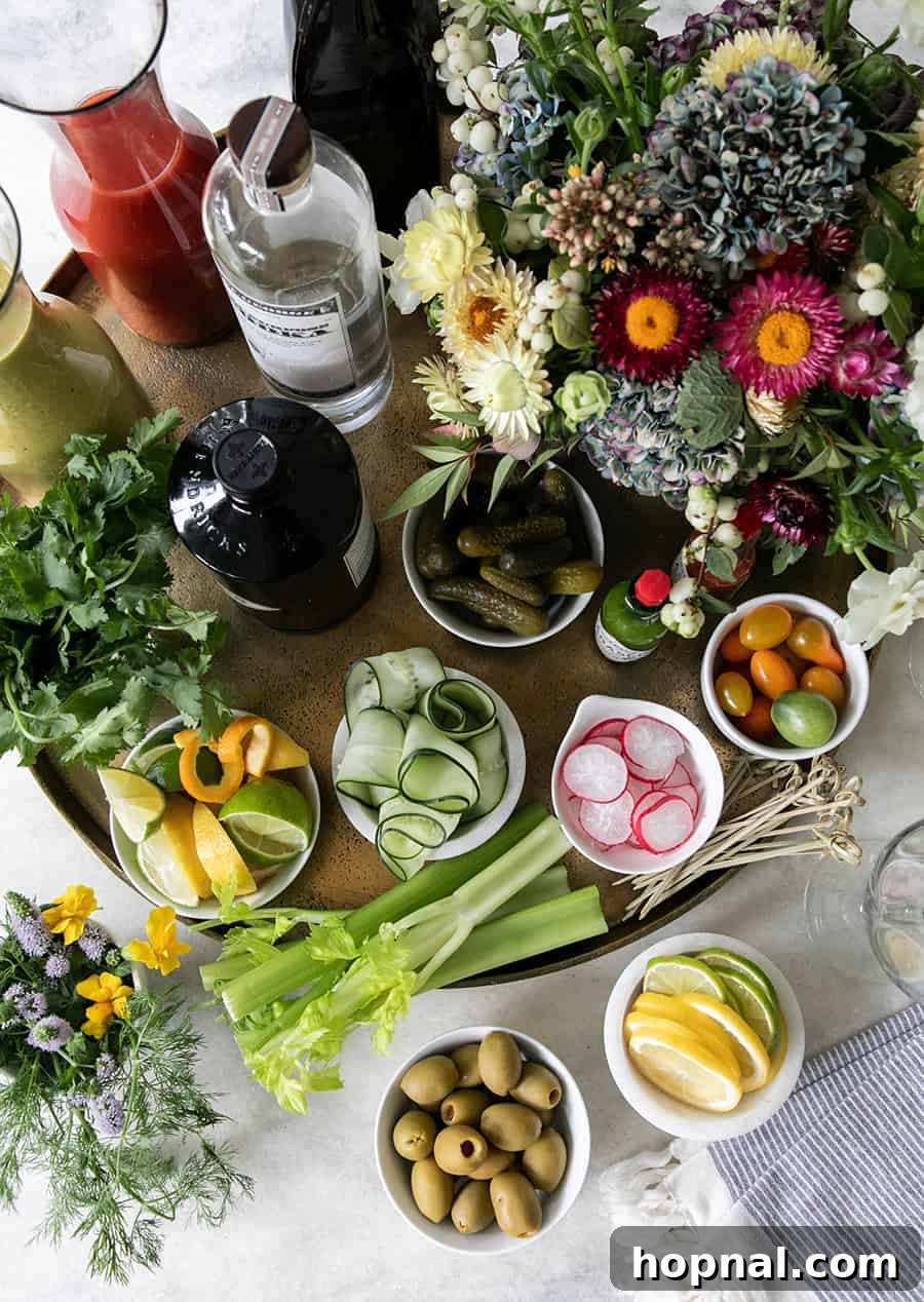 Craft Your Ultimate Home Bloody Mary Bar 3 Overhead shot showcasing a vibrant array of Bloody Mary bar ingredients, neatly arranged for selection.
