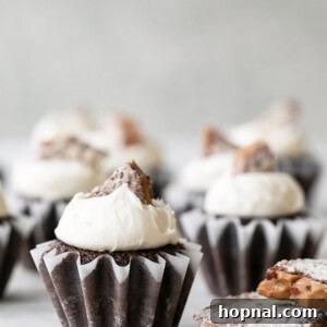chocolate toffee cupcakes with buttercream frosting, garnished with toffee
