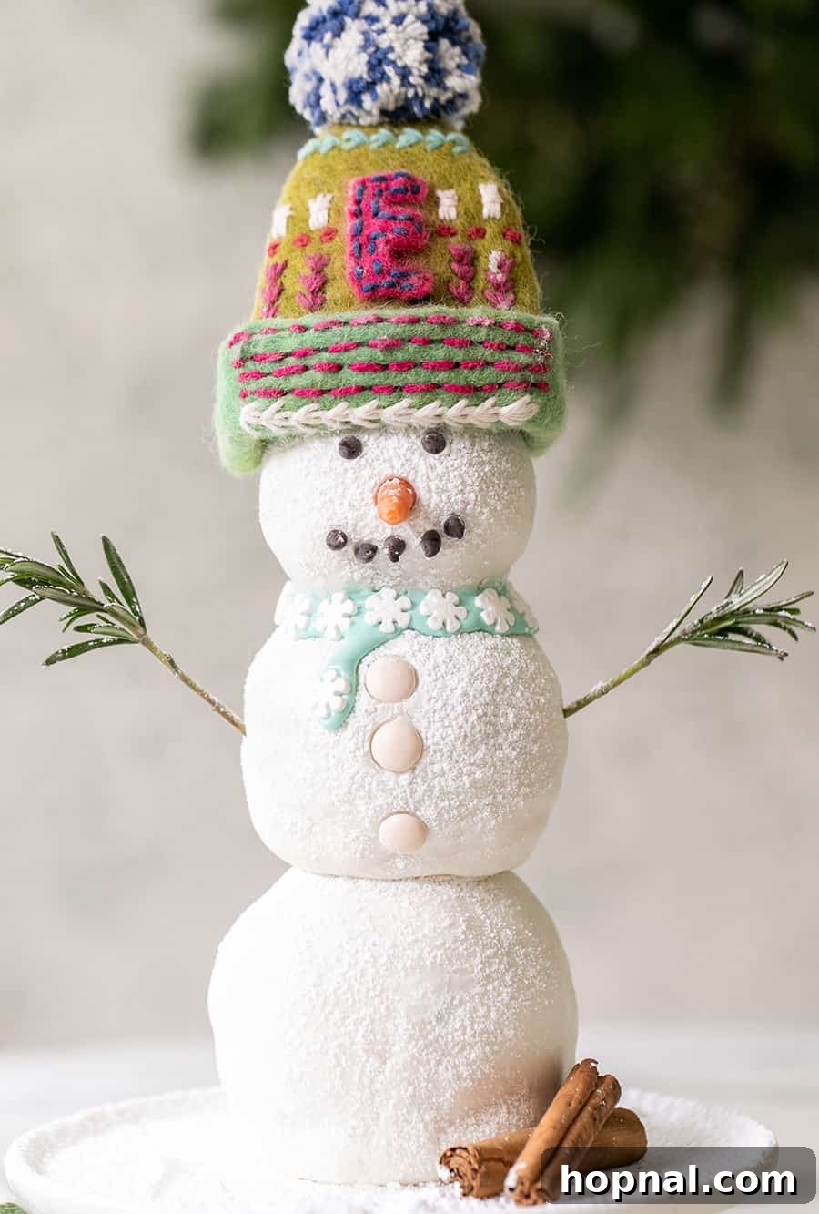 Side view of the decorated gingerbread snowman cake