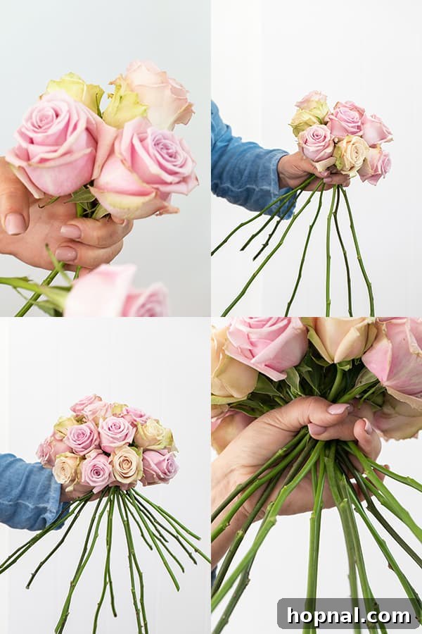 Twin Rose Elegance 4 A step-by-step collage demonstrating the European Hand Tie method for rose arrangements