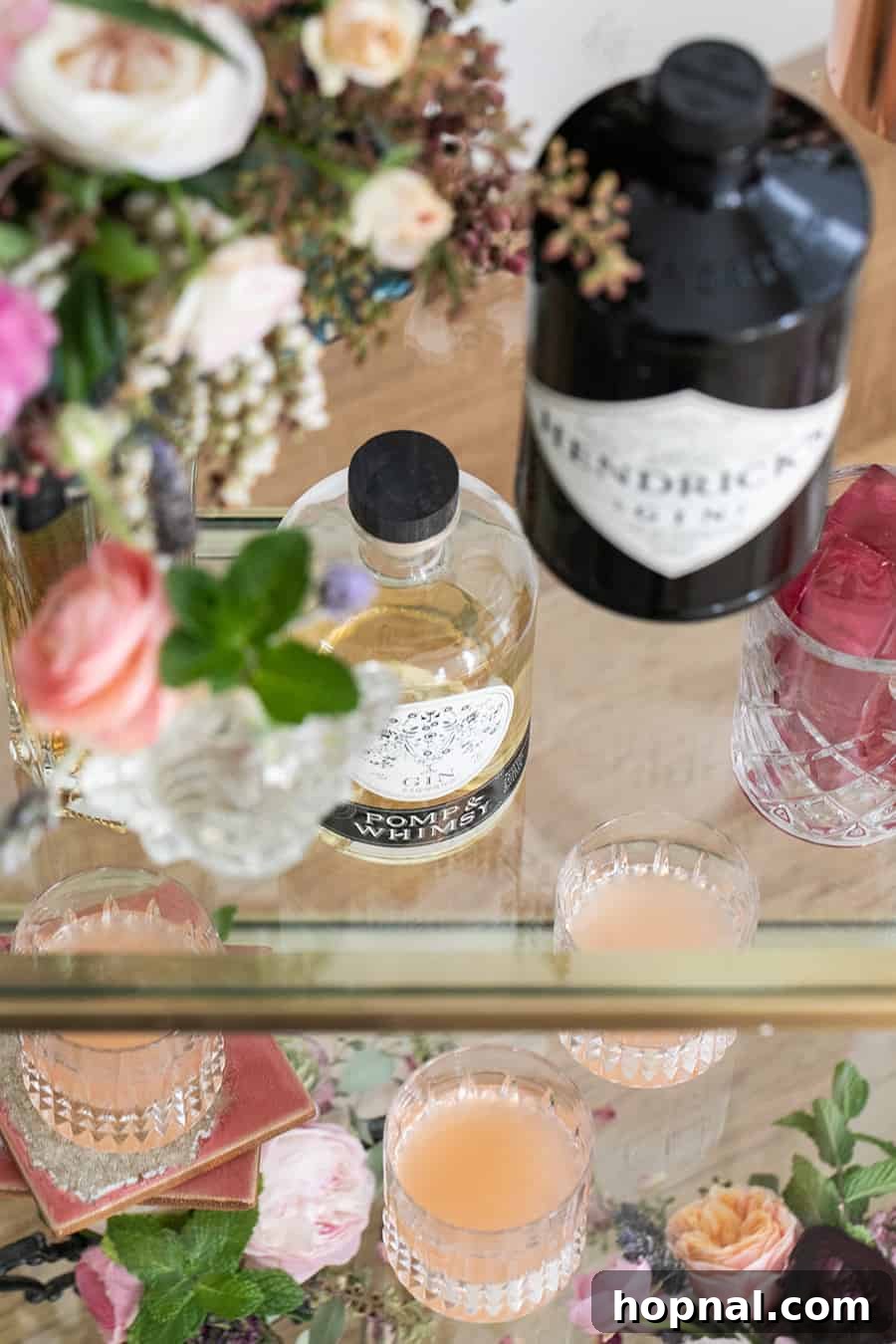 The Gin Blossom Room 4 Gin on a gold bar for a Gin and Flower Bar
