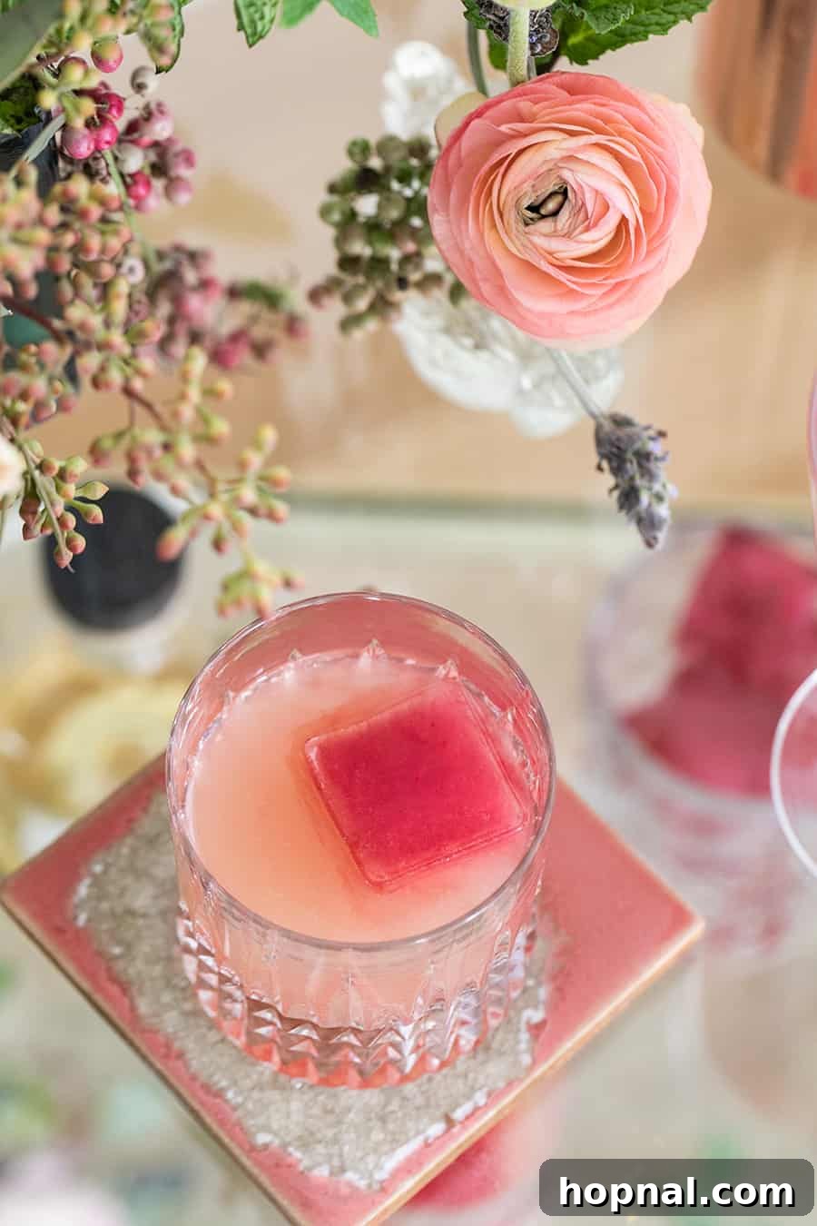 The Gin Blossom Room 7 Whippet cocktail with a pink ice cube.