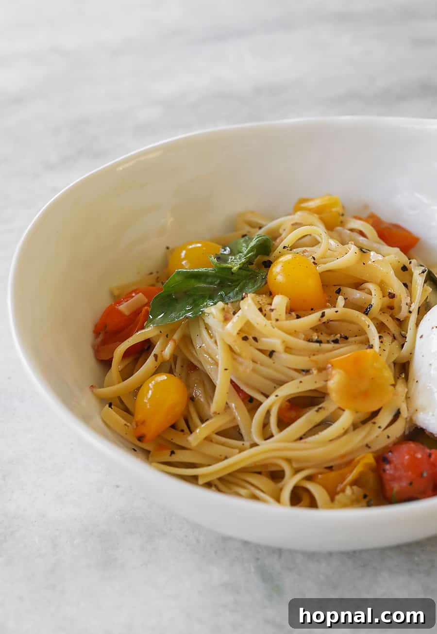 A serving of One Pan Basil and Tomato Pasta in a white bowl, topped with a melting ball of burrata cheese and fresh basil, ready to be enjoyed.