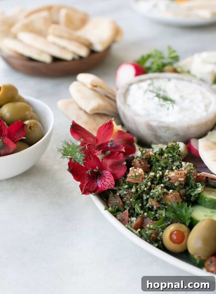 A stunning mezze platter adorned with a variety of olives, flavorful dips, and an array of fresh breads.