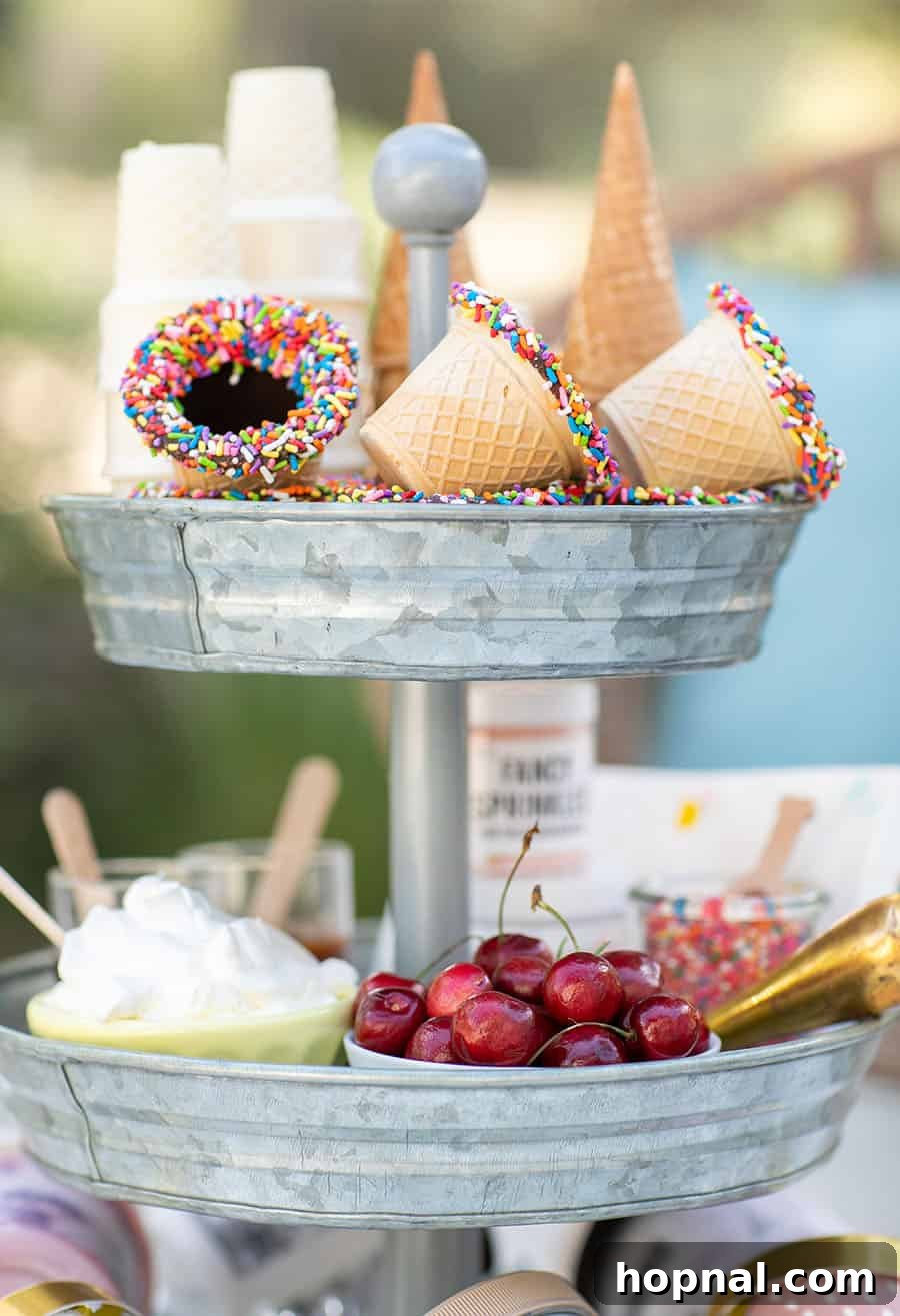 Elevate Your Decor: Tiered Galvanized Tray Ideas 7 A close-up of a tiered galvanized tray displaying charming ice cream cone bowls adorned with sprinkles, fresh cherries in a pristine white bowl, and creamy whipped cream in a bright yellow bowl.