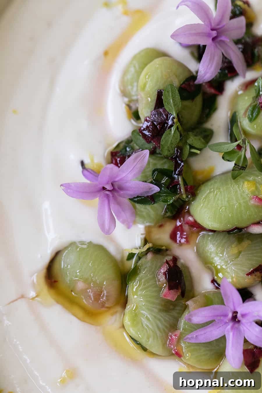 Artfully presented tahini yogurt dip with a generous lima bean topping, fresh thyme sprigs, and a sprinkle of vibrant edible flowers for an elegant touch.