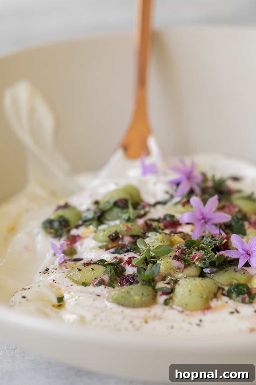 Close-up of the delicious and visually appealing yogurt tahini dip, lavishly topped with lima beans, red endives, and fresh herbs, ready to be served at an outdoor event.