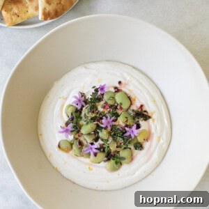 Full recipe for creamy yogurt tahini dip topped with flavorful lima beans, fresh lemon zest, olive oil, and green onions, presented beautifully.