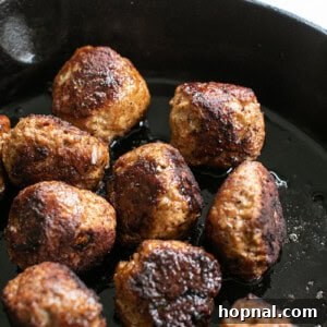 Turkey meatballs cooked in a cast iron skillet, presented as a finished dish