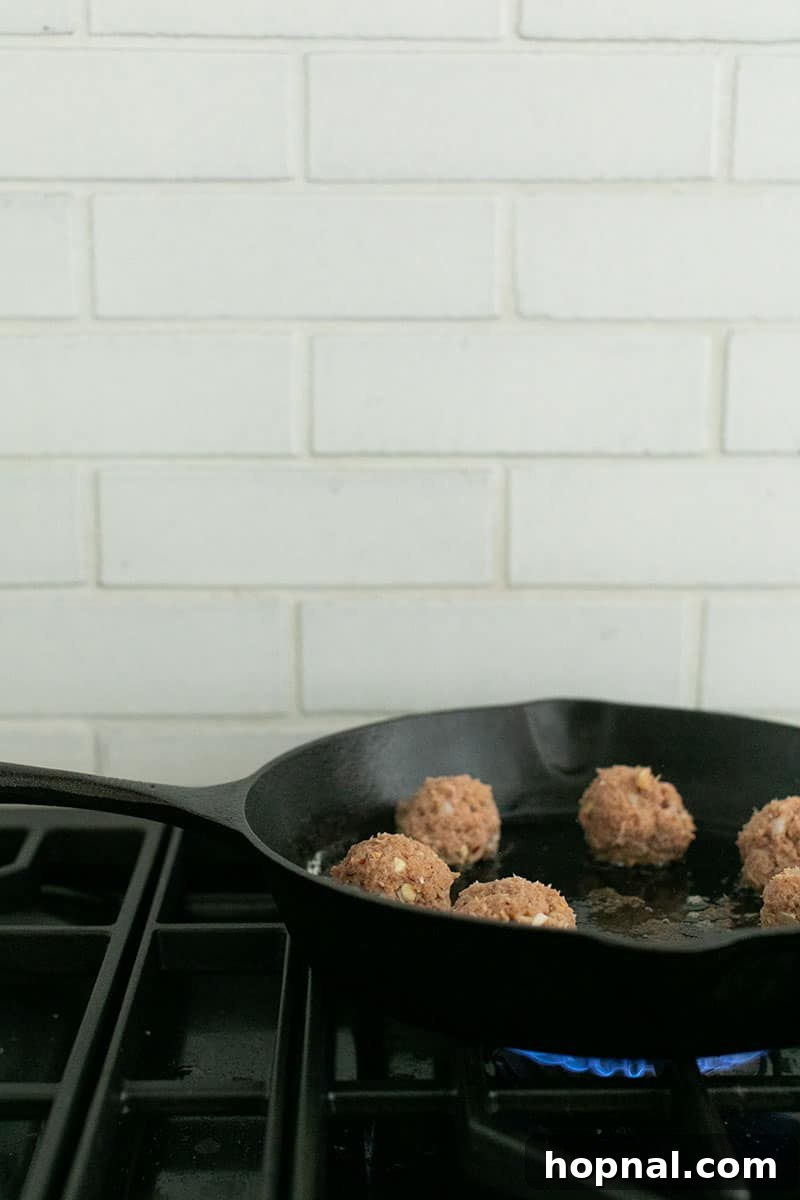Savory Turkey Meatball Delights 6 Turkey meatballs sizzling in a hot cast iron pan on a stovetop.