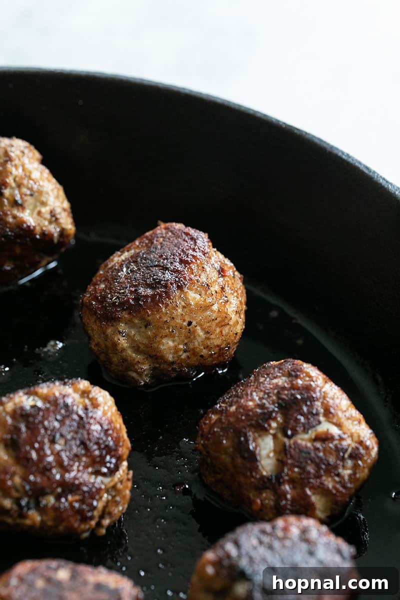 Savory Turkey Meatball Delights 7 Close-up of golden brown turkey meatballs, perfectly cooked in a cast iron pan.