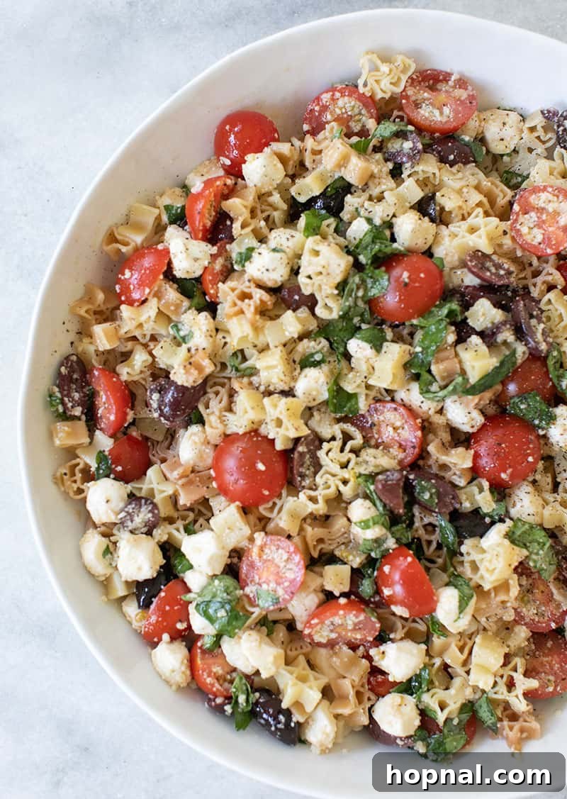 Summer Pasta Salad Recipe with tomatoes, olives, garlic, cheese and basil, beautifully presented in a large bowl.
