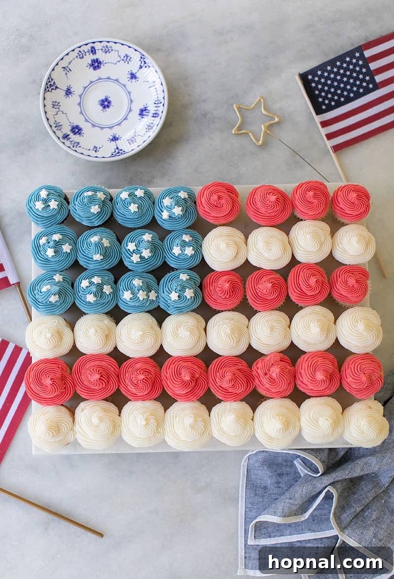 Flag cupcake cake made with mini red, white and blue cupcakes for 4th of July