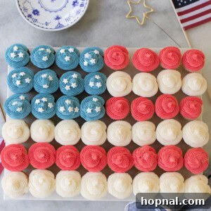 overhead photo of American flag made out of cupcakes