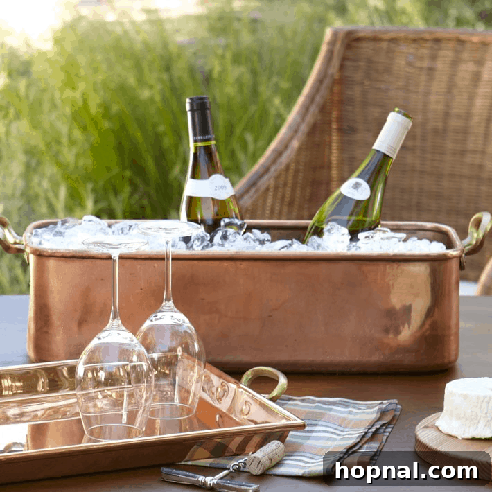 A versatile copper party tub, perfect for chilling beverages or serving ice.