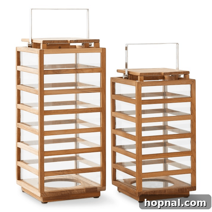 Elegant teak lanterns, creating a warm and inviting glow for evening gatherings.