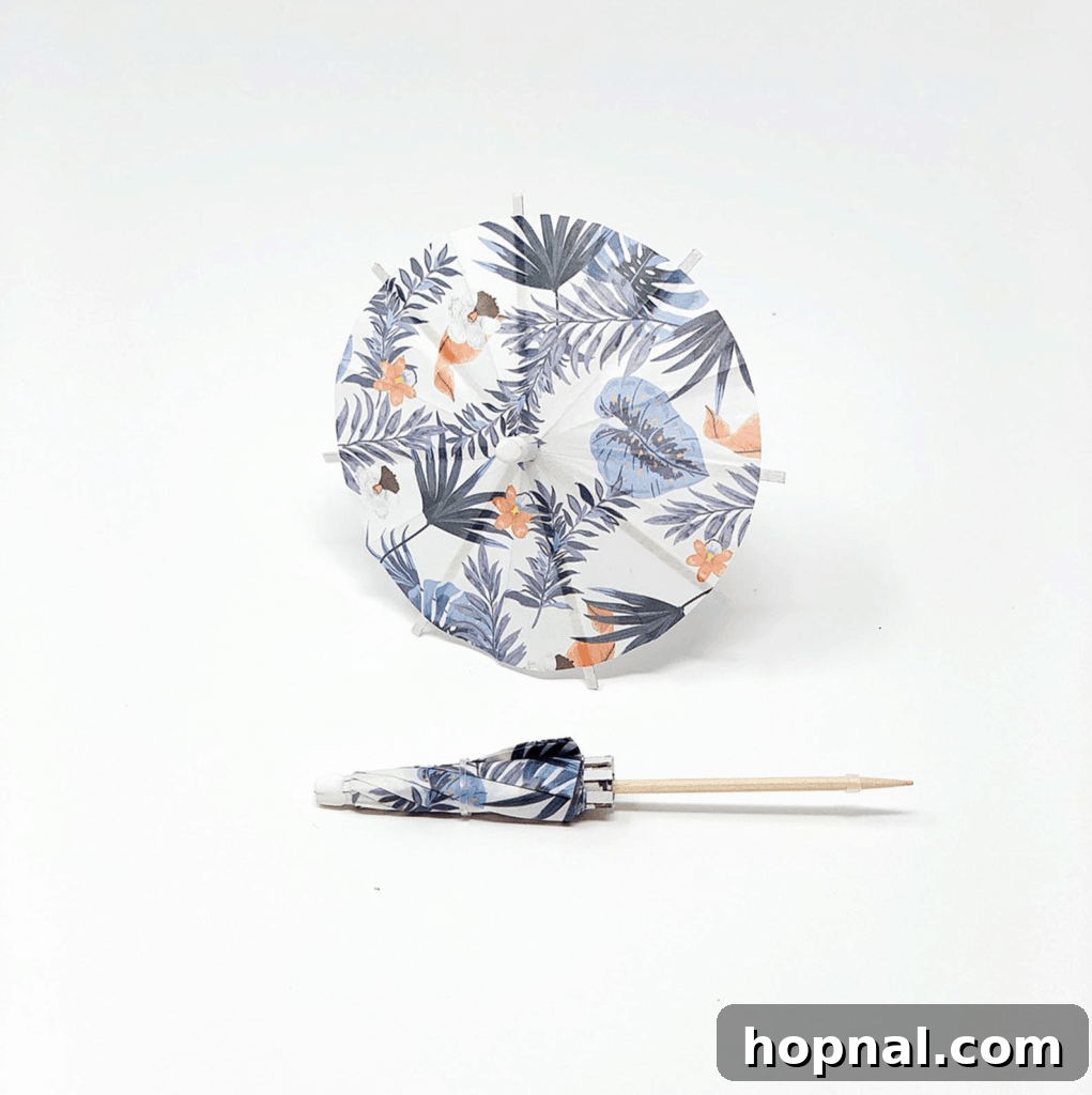 Miniature cocktail umbrellas, adding a whimsical and colorful touch to tropical drinks.