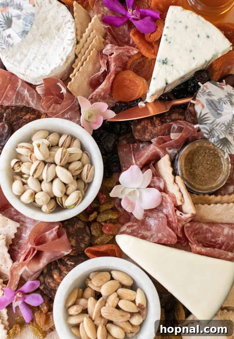 A vibrant cheese board, thoughtfully arranged with tropical fruits and accents for a summer party.