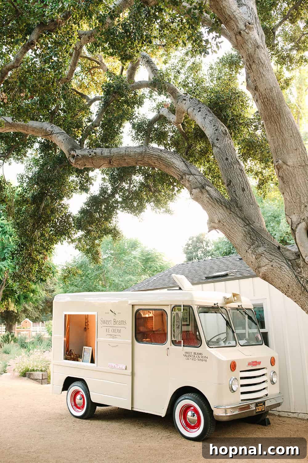 A charming ice cream truck parked in a backyard, serving guests at a summer tropical party.