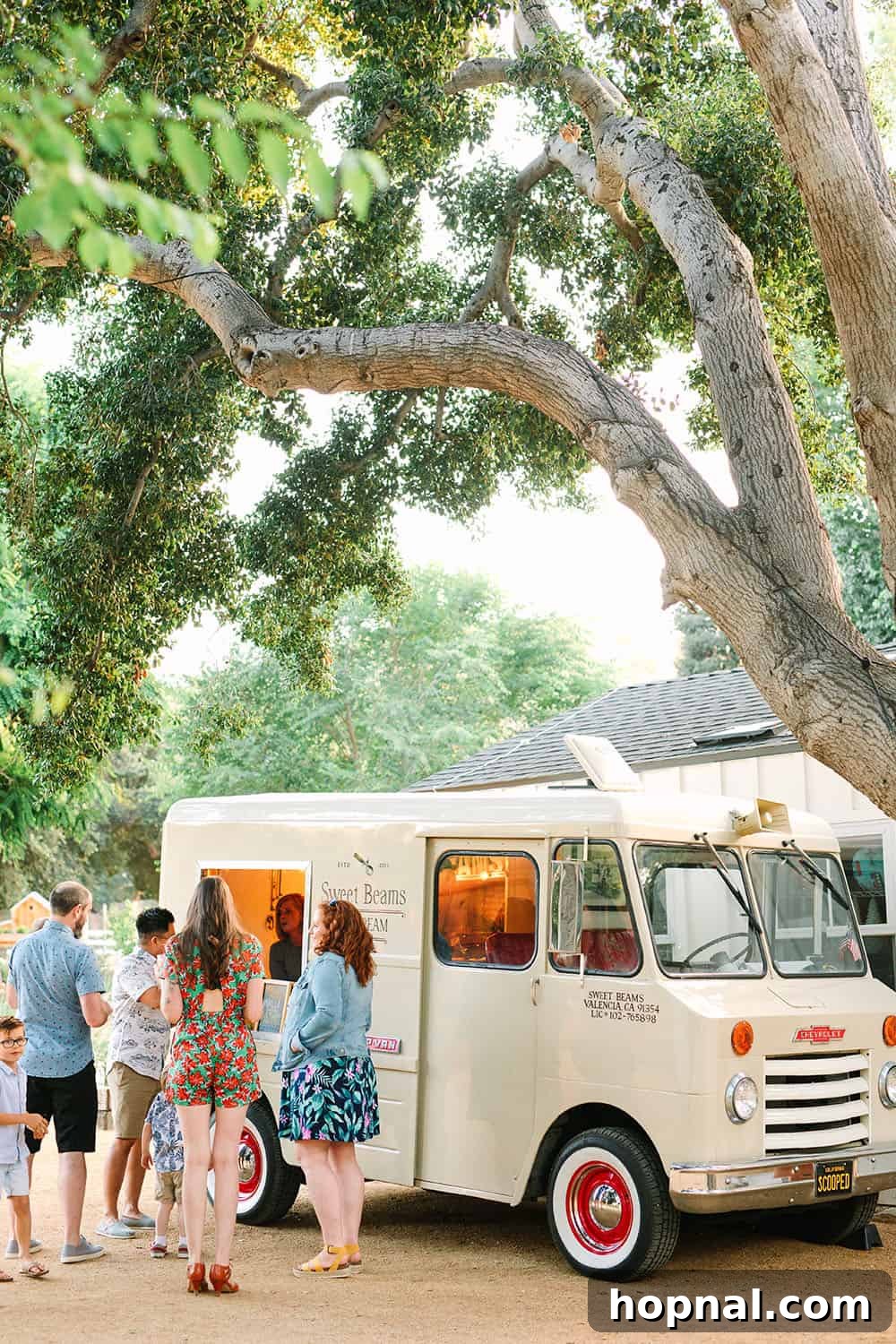 The popular ice cream truck serving party guests in a lively outdoor setting.
